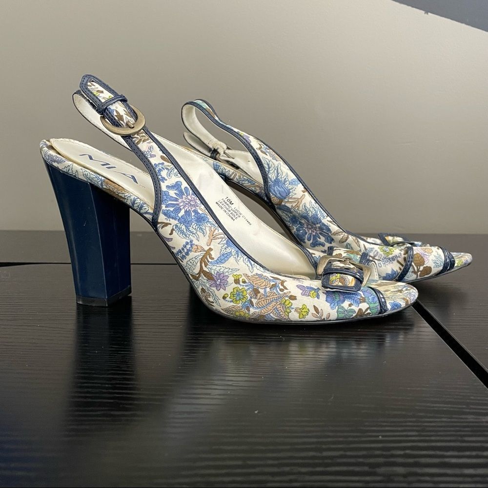 Mia Lucie Blue Floral Fabric Sandal Heel, 10